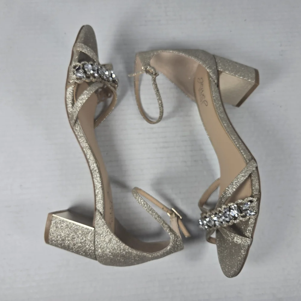 Jewel Badgley Mischka Giona Gold Jeweled Ankle Strap Block Heels Size 8 - Picture 7 of 15
